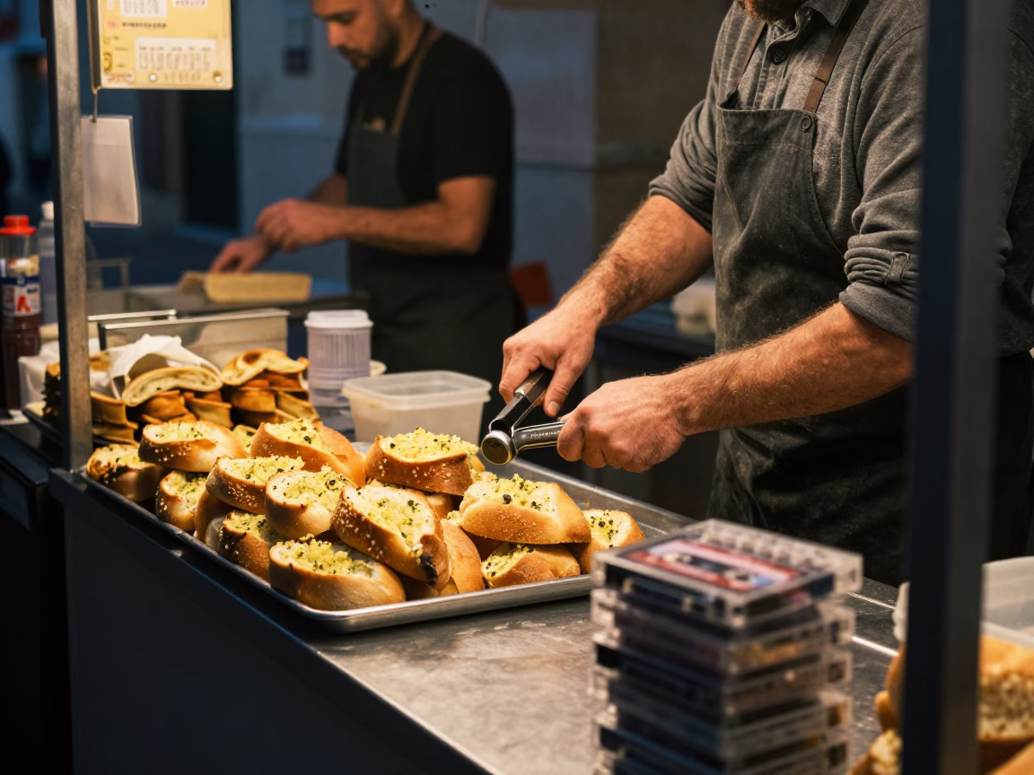 Late Night Marseille Street Food Stand with Cassette Tapes and Garlic Press in in Marseille, France