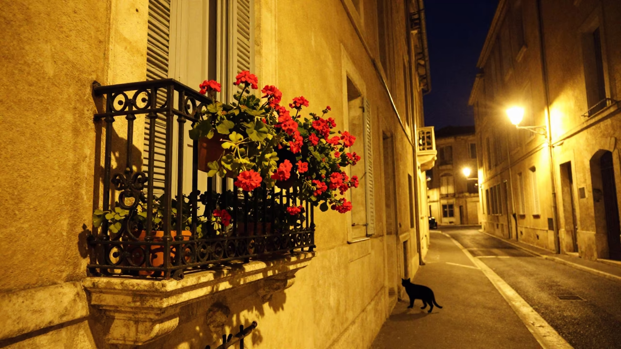 Late Night Marseille Street Scene with Black Cat and Open Window in in Marseille, France
