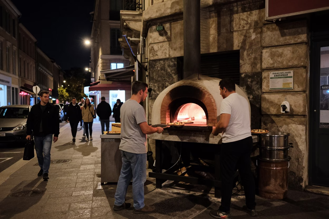 Late Night Marseille Street Scene with Brick Oven Pizza and Vintage Storage Tins in in Marseille, France