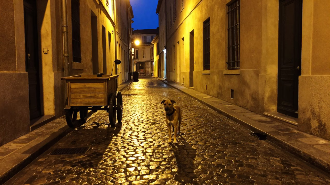 Late Night Marseille Street Scene with Brown Dog and Fruit Vendor in in Marseille, France