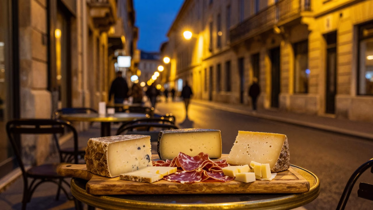 Late Night Marseille Street Scene with Charcuterie and Blue Porcelain Bowl in in Marseille, France