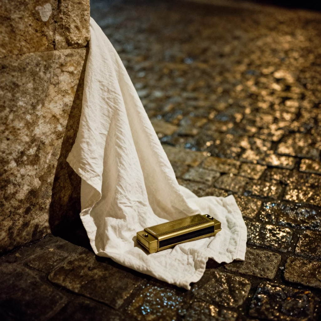 Late Night Marseille Street Scene with Crumpled Linen and Harmonica in in Marseille, France