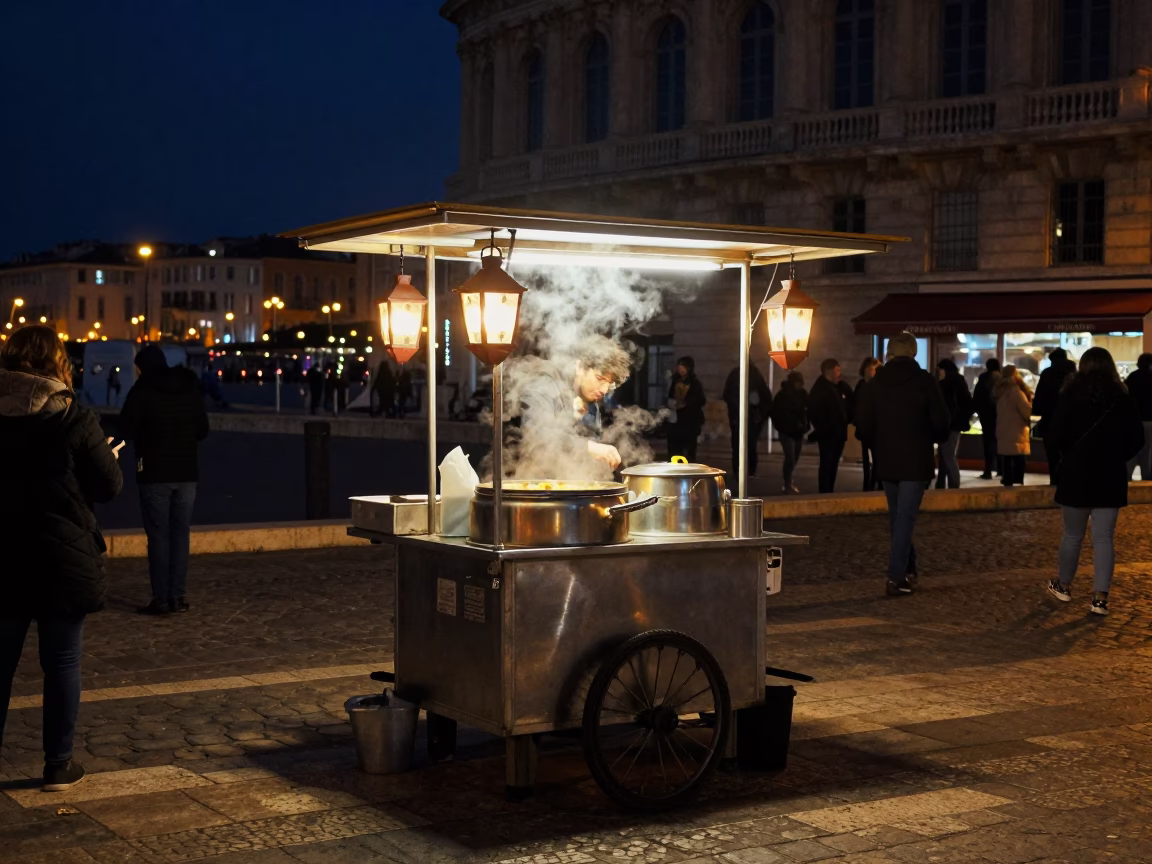 Late Night Marseille Street Scene with Dim Sum Steamers and Lanterns in in Marseille, France