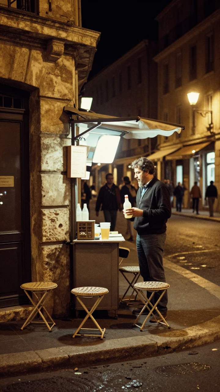 Late Night Marseille Street Scene with Folding Stools and Soap Bottle in in Marseille, France