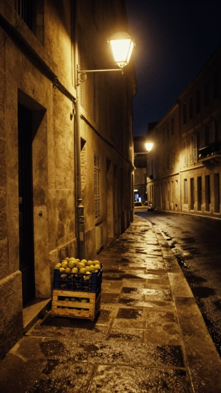 Late Night Marseille Street Scene with Fruit Crate and Oil Lamp Glow in in Marseille, France