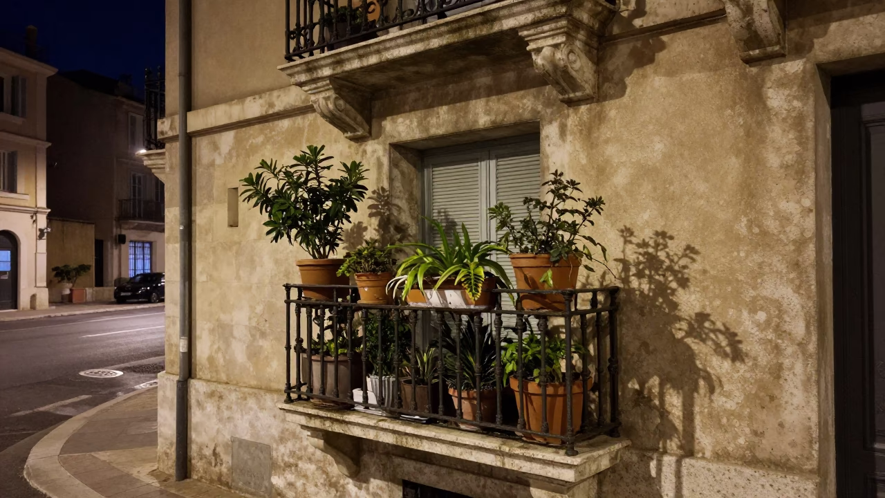Late Night Marseille Street Scene with Houseplants and Concrete Viaduct Reflection in in Marseille, France