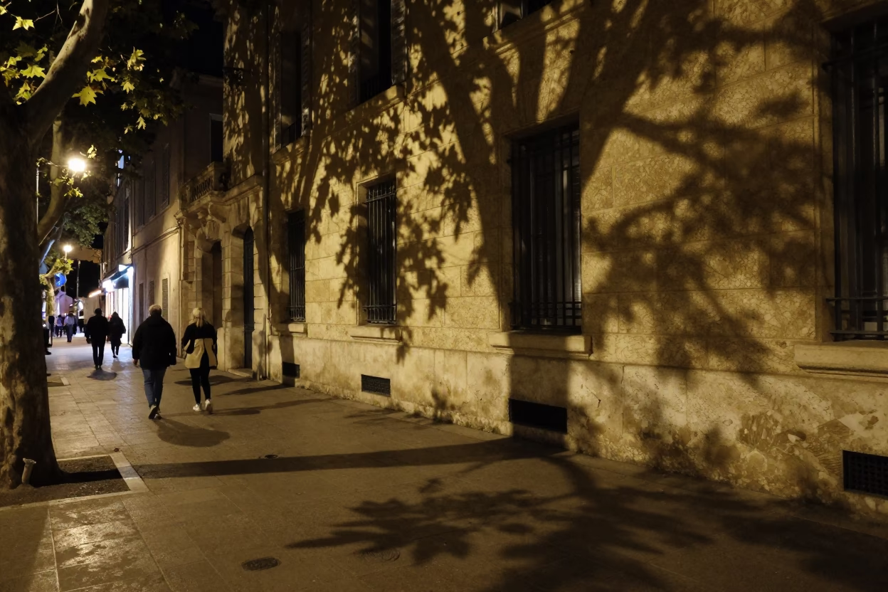 Late Night Marseille Street Scene with Leaf Shadows and Urban Architecture in in Marseille, France