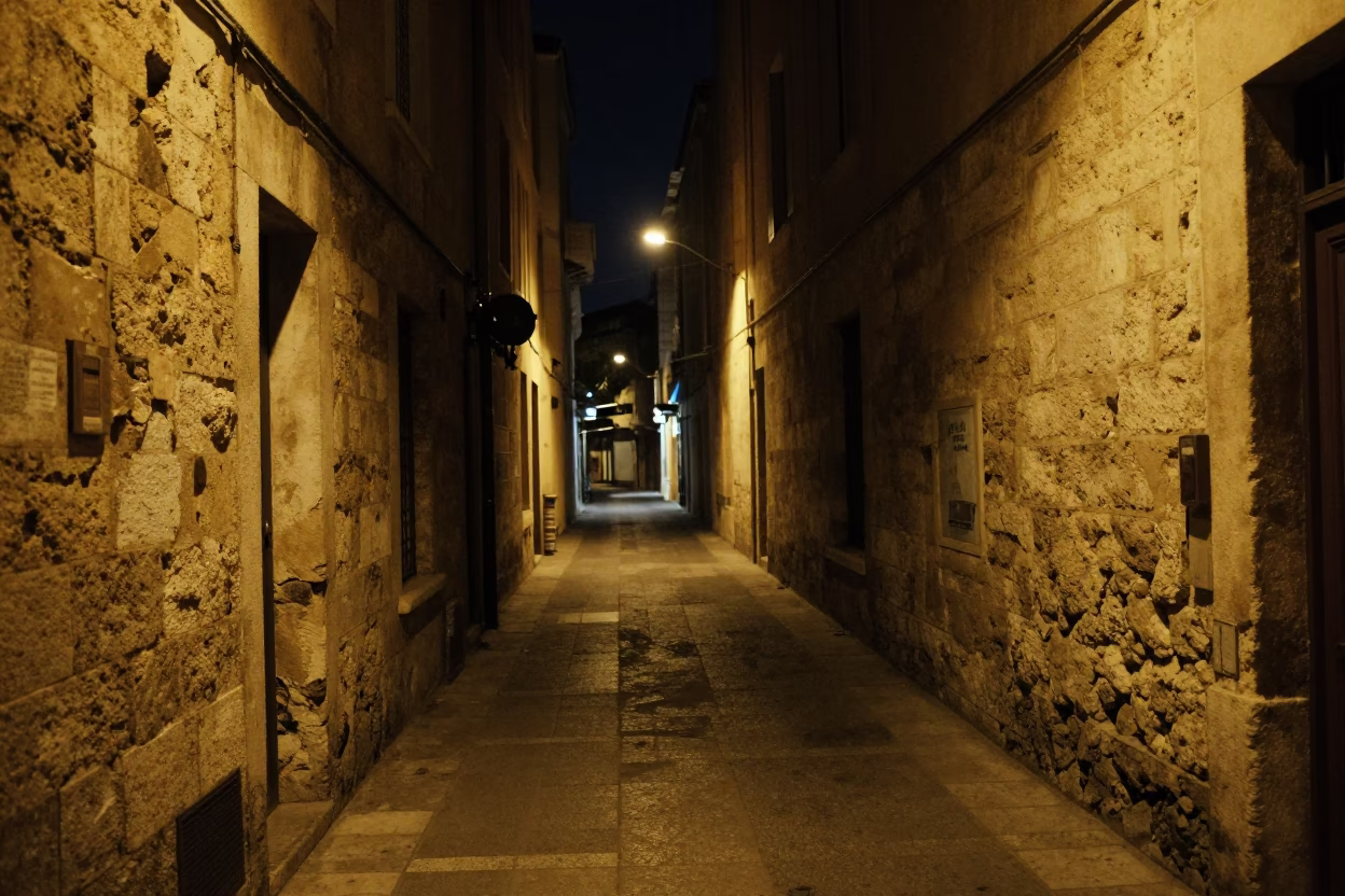 Late Night Marseille Street Scene with Pulley and Wall Sconce Lighting in in Marseille, France