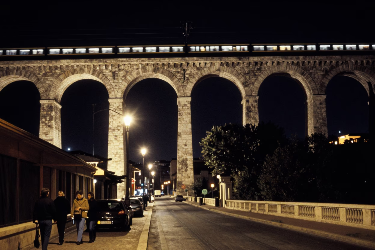 Late Night Marseille Street Scene with Railway Viaduct and Passing Train in in Marseille, France