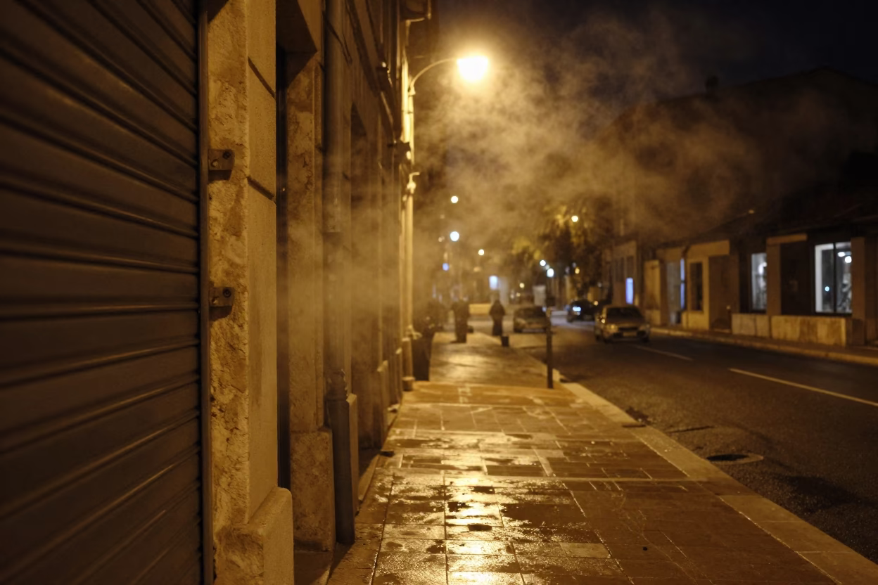 Late Night Marseille Street Scene with Steam Haze and Urban Details in in Marseille, France