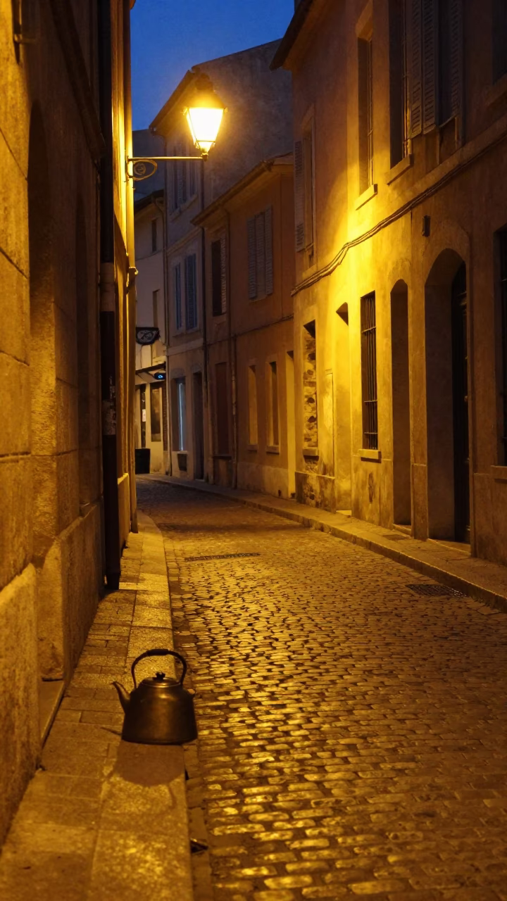 Late Night Marseille Street Scene with Vintage Kettle and Iron Hook in in Marseille, France