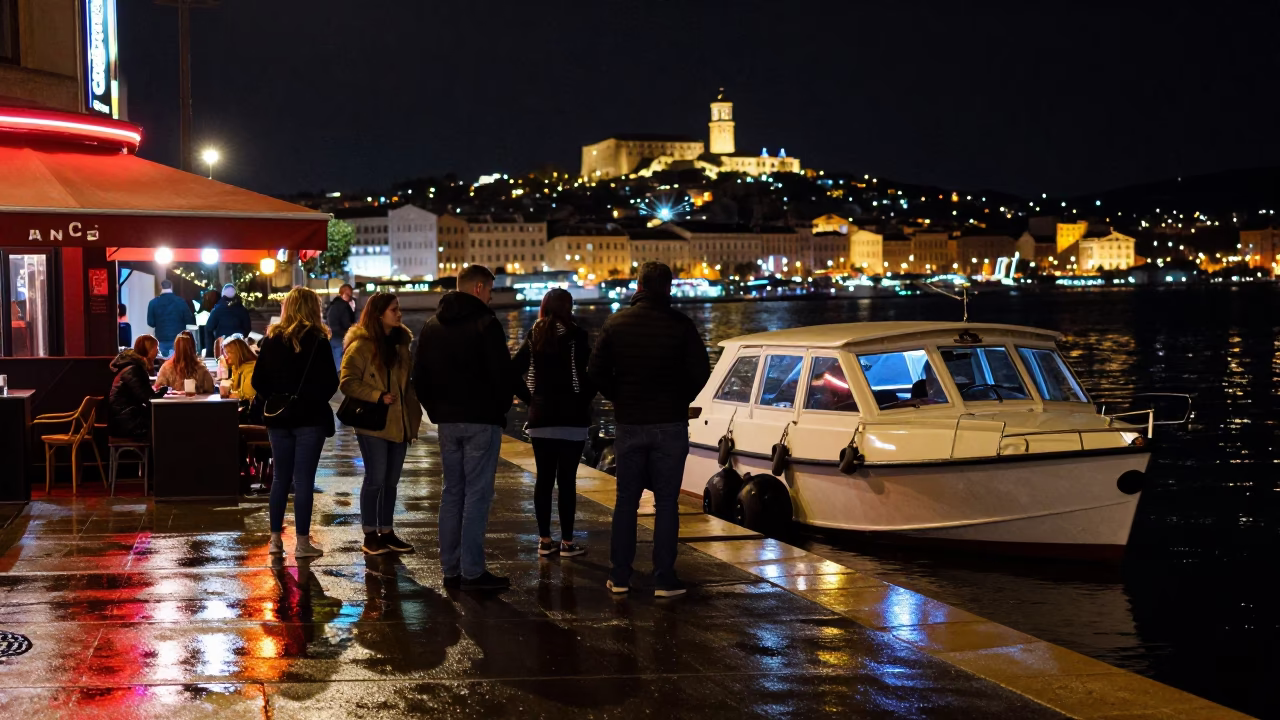 Late Night Marseille Street Scene with Water Taxi and Urban Infrastructure in in Marseille, France