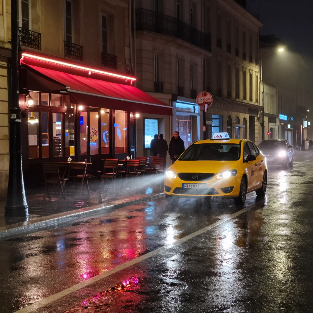 Late Night Marseille Street Scene with Yellow Taxi Rain and Poodle in in Marseille, France