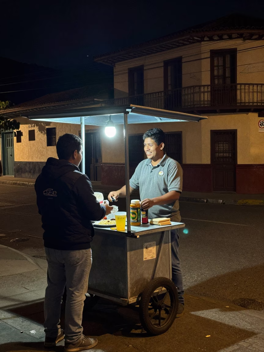 Late Night Medellin Street Corner with Coffee Tin and Neon Signage in in Medellin, Colombia
