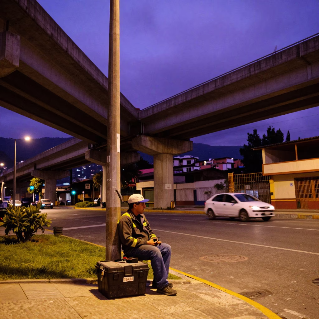 Late Night Medellin Street Corner with Toolbox and Overpass Under Violet Sky in in Medellin, Colombia