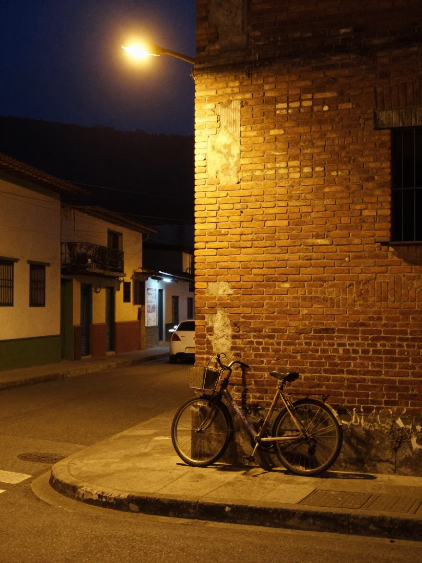 Late Night Medellin Street Scene with Bicycle and Concrete Viaduct in Colombia in in Medellin, Colombia