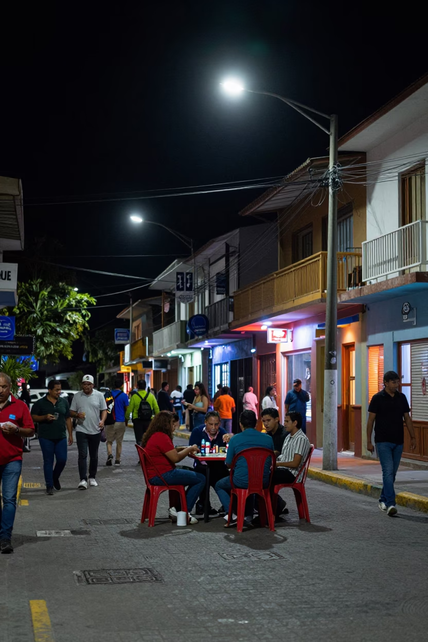 Late Night Medellin Street Scene with Domino Game and Neon Lights in in Medellin, Colombia