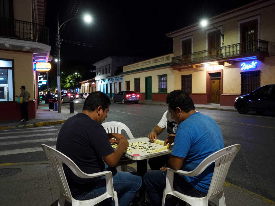Late Night Medellín Street Scene with Dominoes and Neon Lights in in Medellin, Colombia