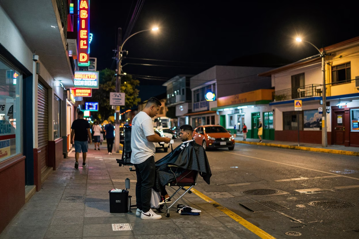 Late Night Medellin Street Scene with Neon Lights and Local Activity in in Medellin, Colombia