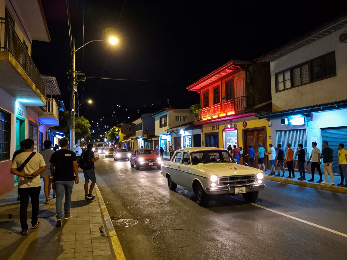Late Night Medellin Street Scene with Neon Lights and Vintage Car Rally in in Medellin, Colombia
