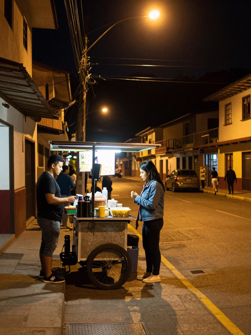 Late Night Medellin Street Scene with Thermos and Local Dining in in Medellin, Colombia