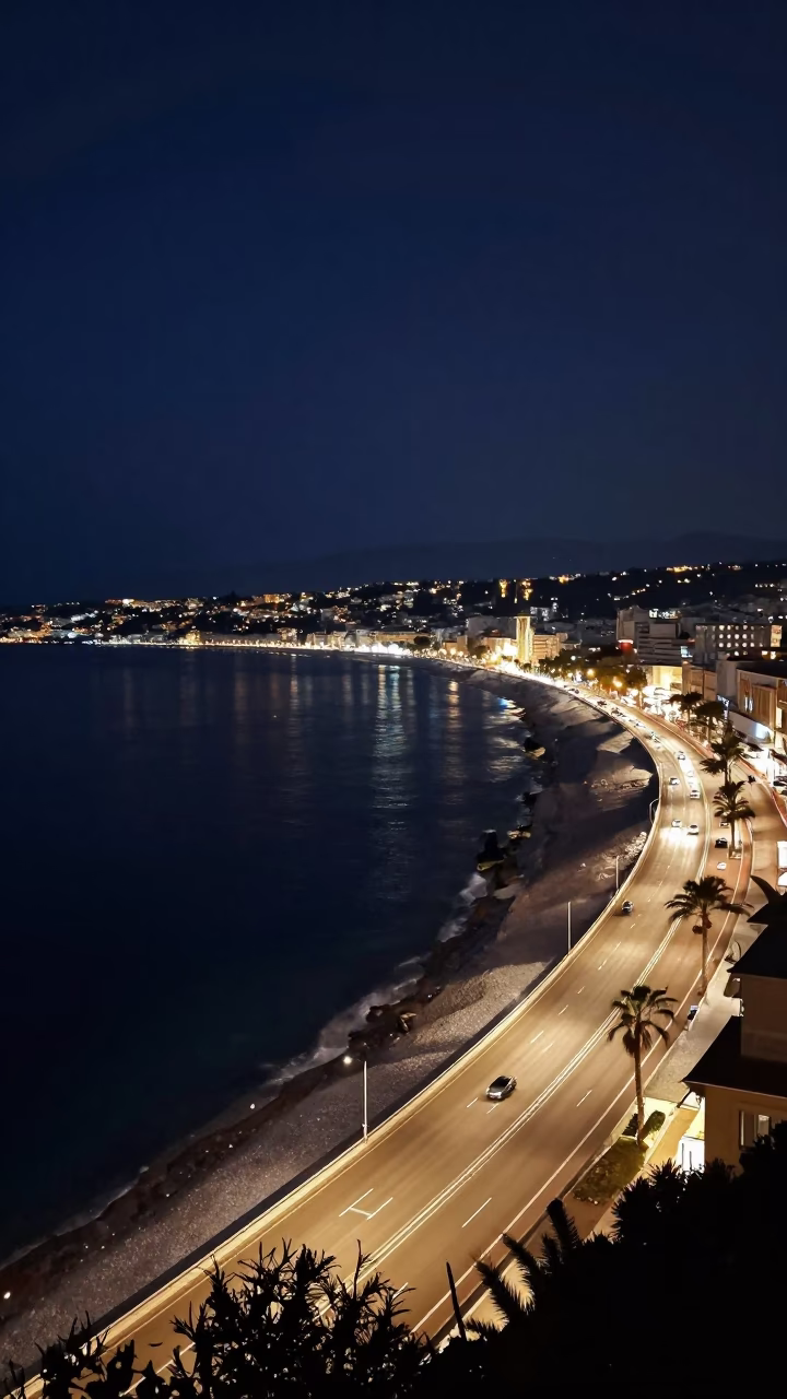 Late Night Mediterranean Coastline in Nice France with Coastal Highway and Distant Arches in in Nice, France