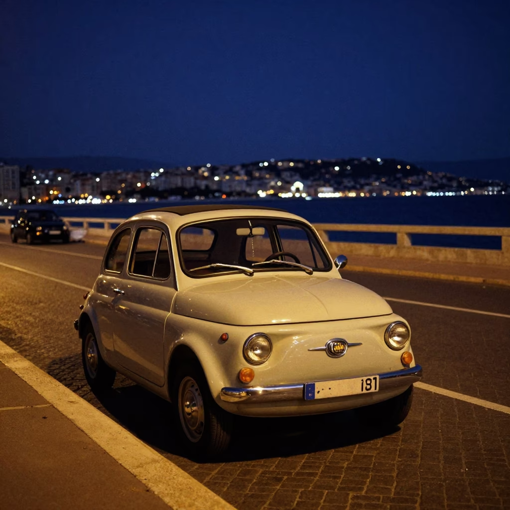 Late Night Mediterranean Street Scene in Nice France with Vintage Car and Neon Lights in in Nice, France