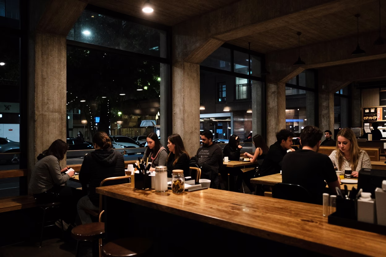 Late Night Melbourne Cafe Interior Concrete Brutalist University Exterior Window View in in Melbourne, Victoria, Australia