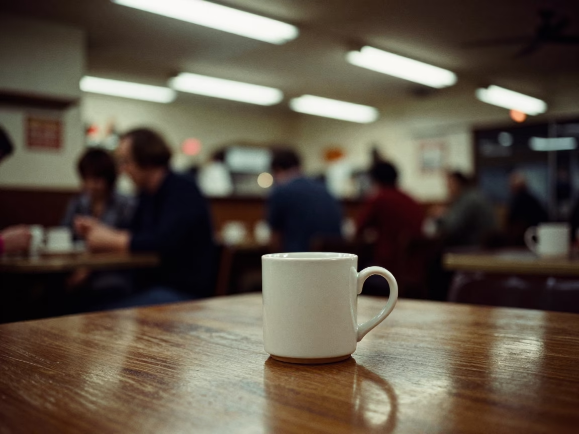 Late Night Melbourne Cafe Interior with Ceramic Mugs and Notebook on Wooden Table in in Melbourne, Victoria, Australia