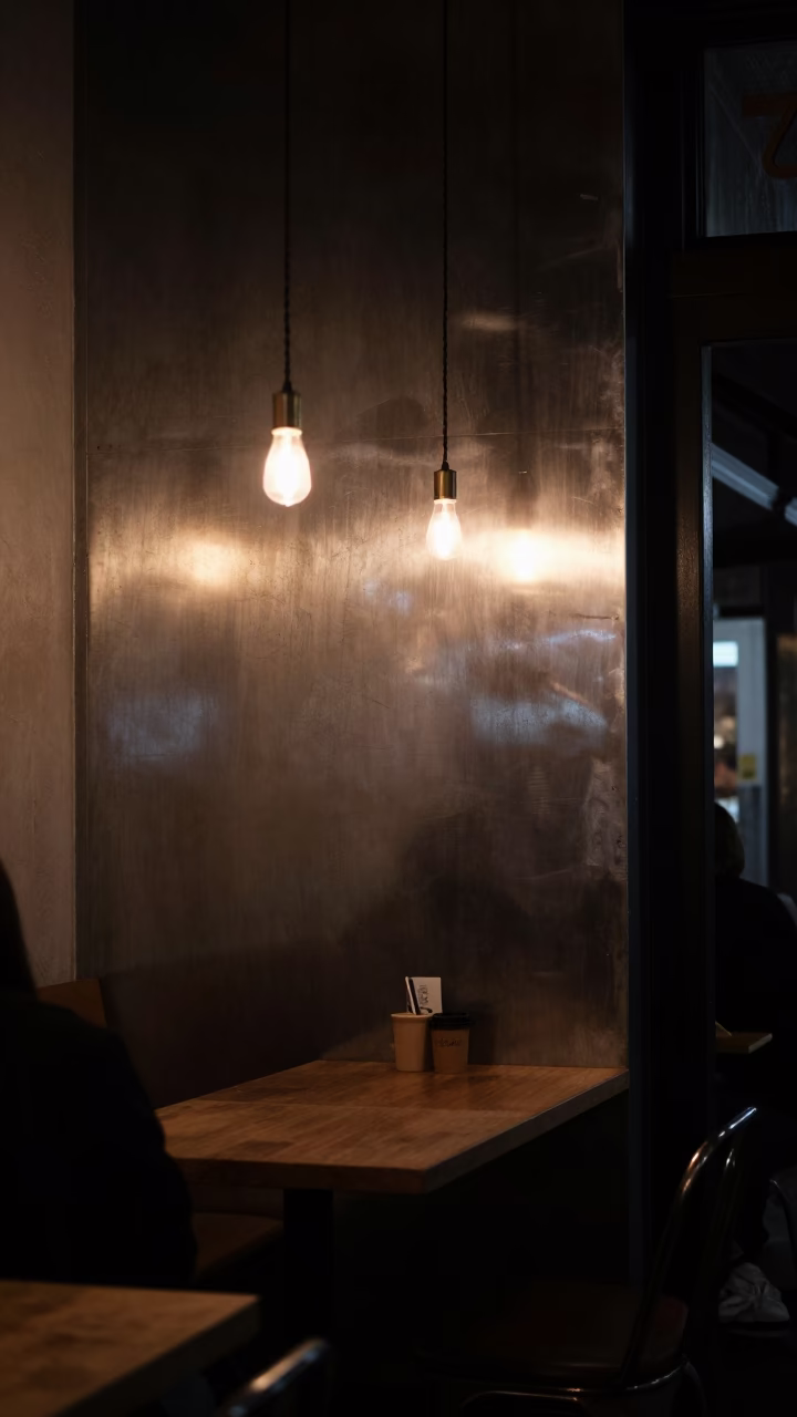 Late Night Melbourne Laneway Coffee Shop Interior with Brushed Steel Wall and Glass Tumbler in in Melbourne, Victoria, Australia
