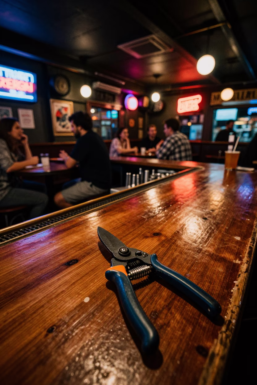 Late Night Melbourne Pub Scene With Pruning Shears And Kettle On Counter in in Melbourne, Victoria, Australia