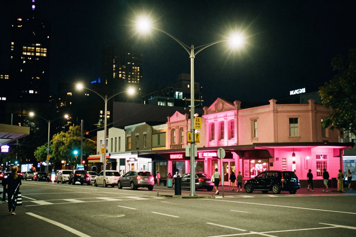 Late Night Melbourne Street Corner with Neon Lights and Urban Clutter in in Melbourne, Victoria, Australia