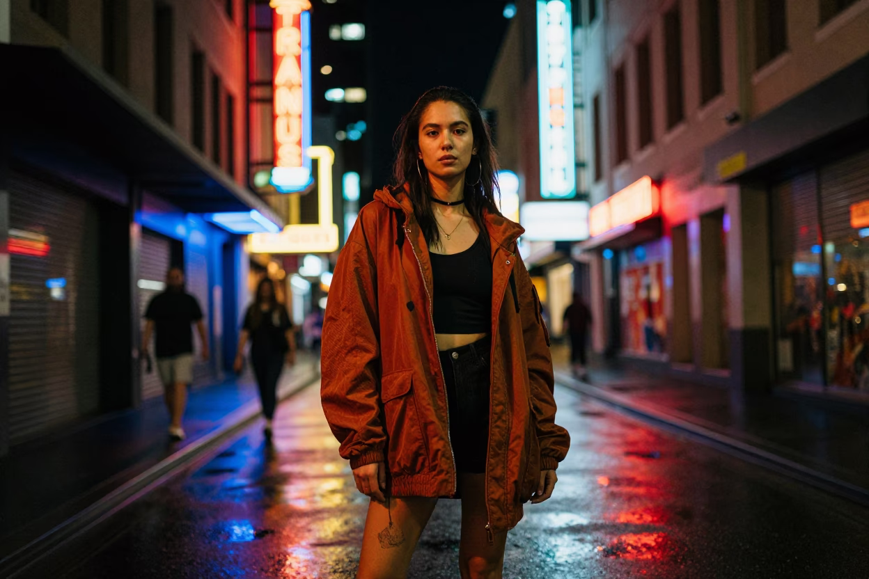 Late Night Melbourne Street Fashion Photography Neon Lights and Urban Nightlife in in Melbourne, Victoria, Australia