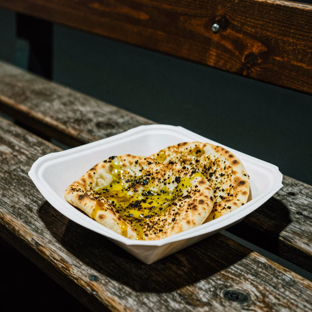 Late Night Melbourne Street Food Plate of Manakeesh with Zaatar in laneway in in Melbourne, Victoria, Australia