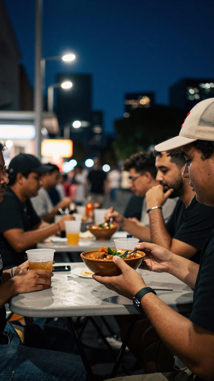 Late Night Melbourne Street Food Scene with Locro Stew Under Dark Sky in in Melbourne, Victoria, Australia