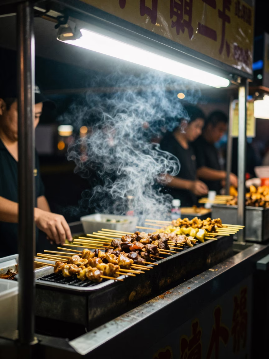 Late Night Melbourne Street Food Scene with Sate Skewers and Dim Sum in in Melbourne, Victoria, Australia
