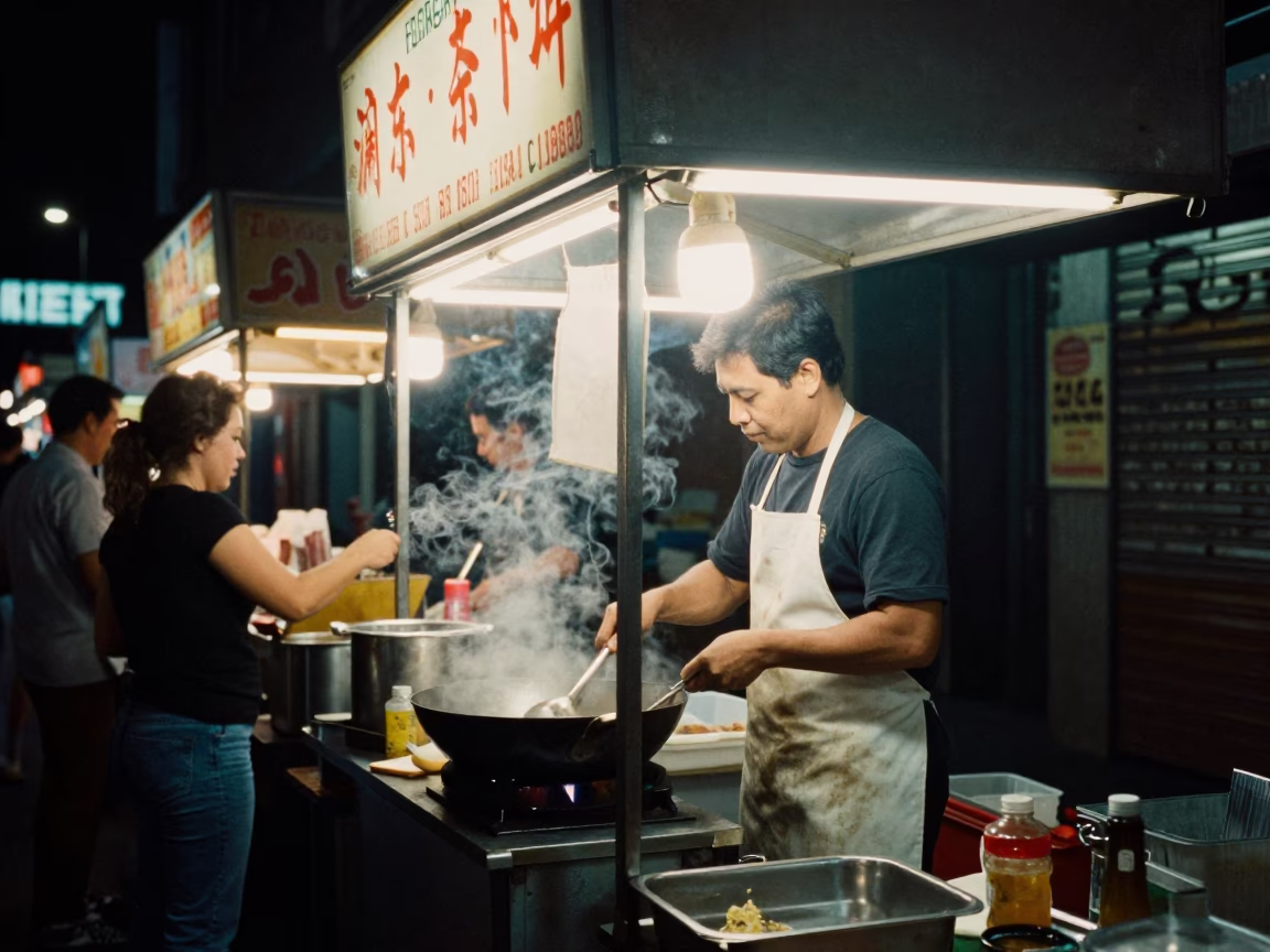 Late Night Melbourne Street Food Stall with Aprons and Storage Tins in in Melbourne, Victoria, Australia