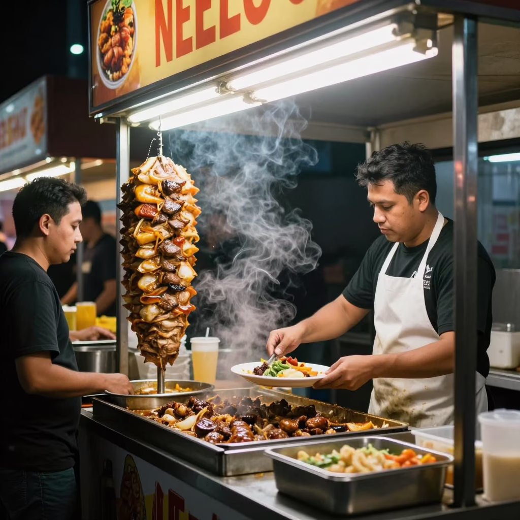 Late Night Melbourne Street Food Stall with Iskender Kebab and Gravy Plate in in Melbourne, Victoria, Australia