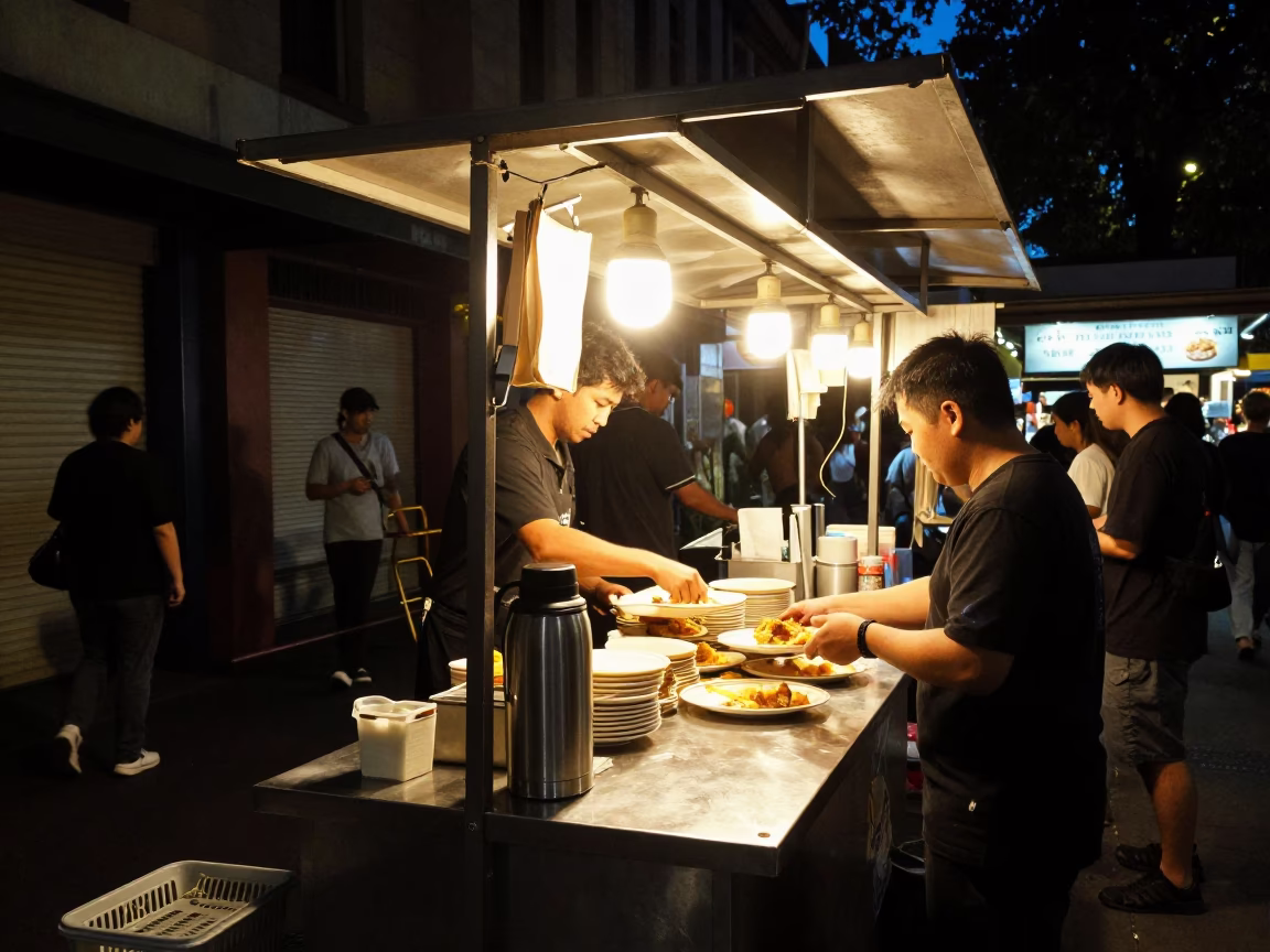 Late Night Melbourne Street Food Stall with Thermos and Pickles in in Melbourne, Victoria, Australia