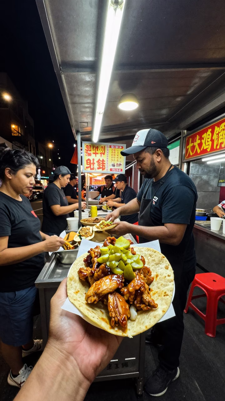 Late Night Melbourne Street Food Vendor Serving Shawarma and Pickles Under Neon Lights in in Melbourne, Victoria, Australia