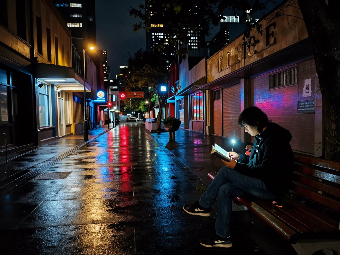 Late Night Melbourne Street Scene with Book Light and Tea Stains in in Melbourne, Victoria, Australia