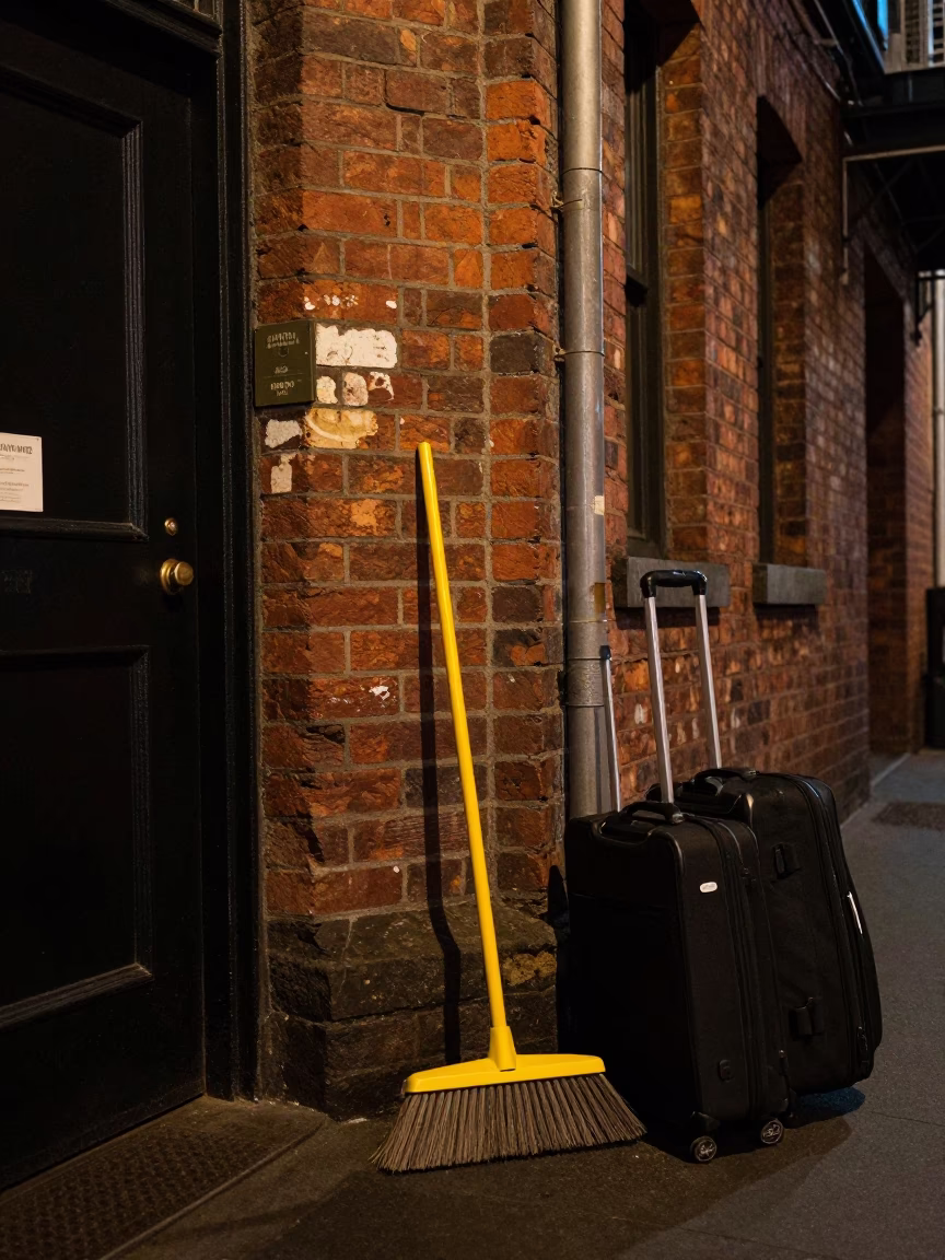 Late Night Melbourne Street Scene with Broom and Suitcases Outside Pub in in Melbourne, Victoria, Australia