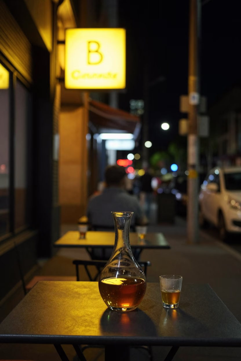 Late Night Melbourne Street Scene with Decanter and Cup on Cafe Table in in Melbourne, Victoria, Australia