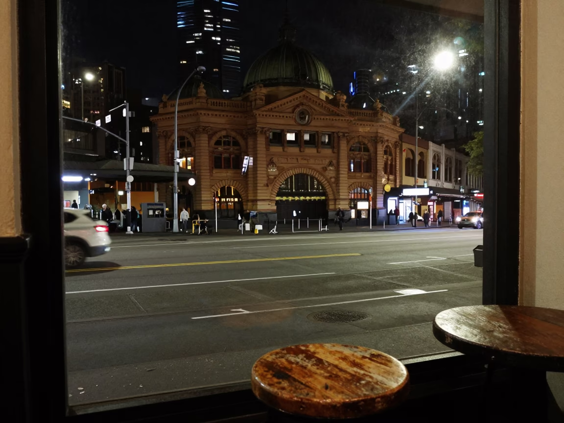Late Night Melbourne Street Scene with Grease Sheen on Stool Leg in in Melbourne, Victoria, Australia
