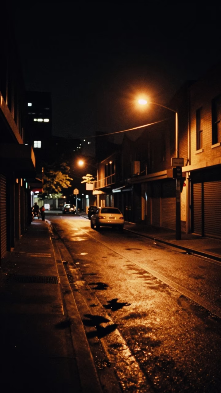 Late Night Melbourne Street Scene with Leaf Shadows on Tile Grout and Spirit Level in in Melbourne, Victoria, Australia