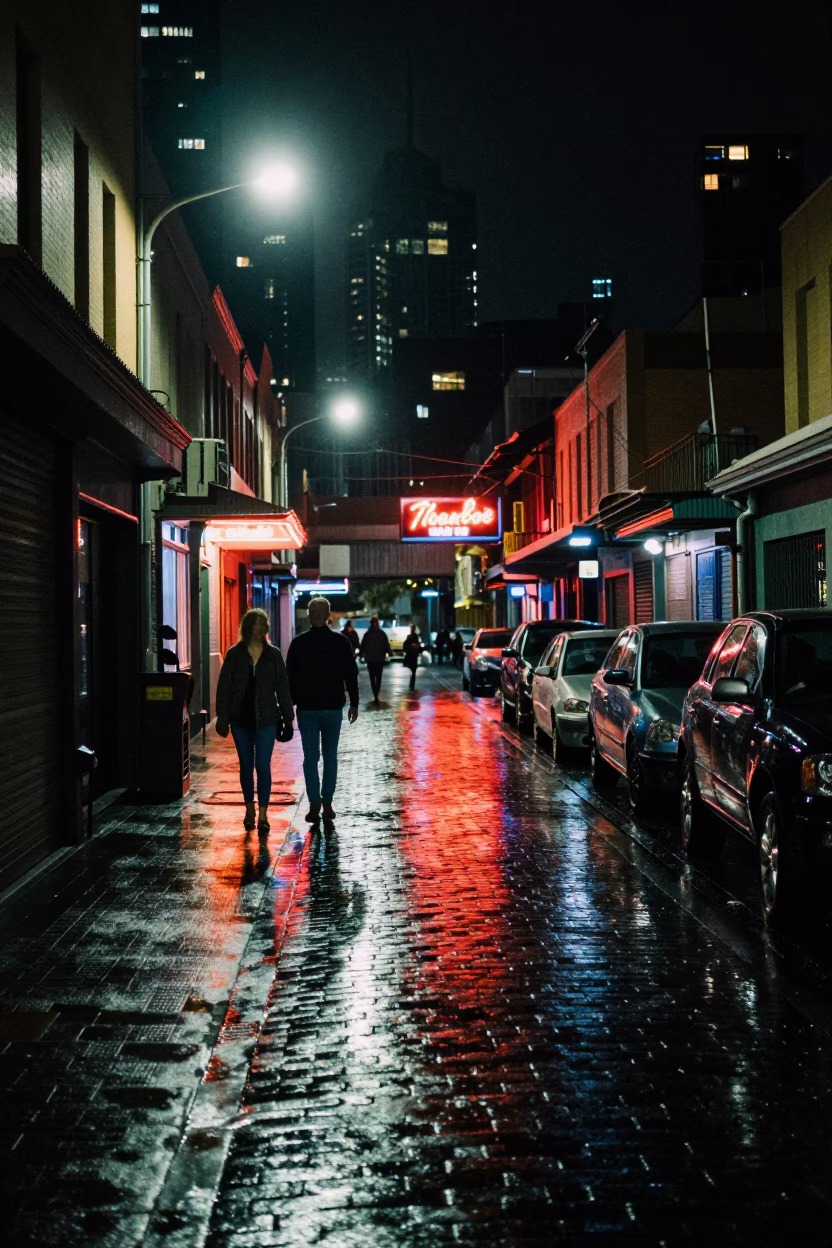 Late Night Melbourne Street Scene with Neon Reflections and Urban Activity in in Melbourne, Victoria, Australia