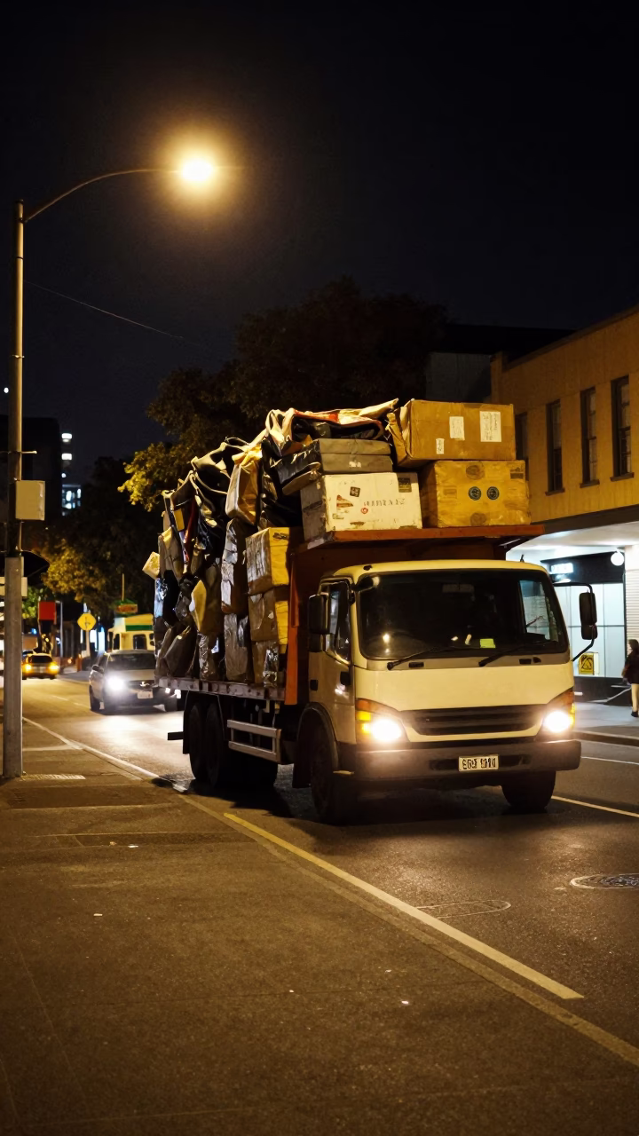 Late Night Melbourne Street Scene with Overloaded Truck and Urban Window Light Reflections in in Melbourne, Victoria, Australia