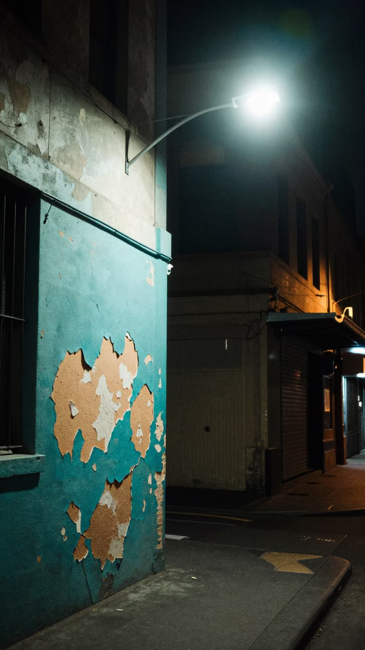 Late Night Melbourne Street Scene with Peeling Turquoise Paint and Urban Decay in in Melbourne, Victoria, Australia