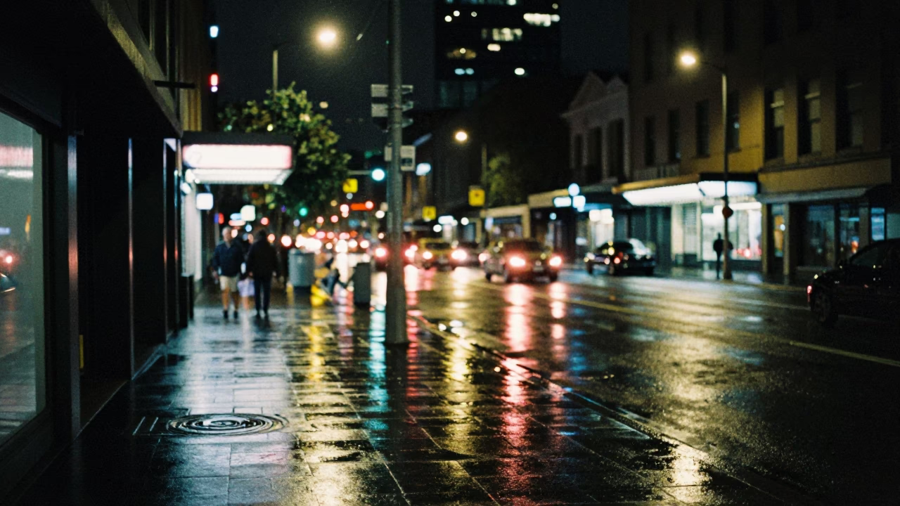 Late Night Melbourne Street Scene with Smudged Lens Edge and Urban Reflections in in Melbourne, Victoria, Australia