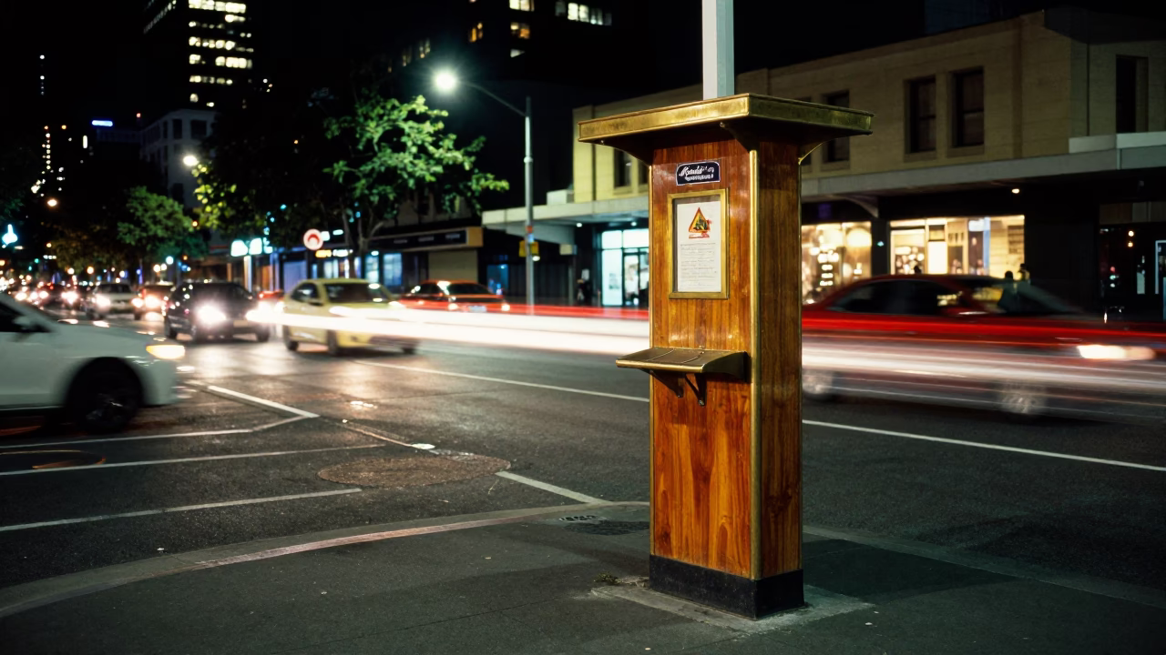 Late Night Melbourne Street Scene with Valet Stand and Hotel Awning Reflections in in Melbourne, Victoria, Australia